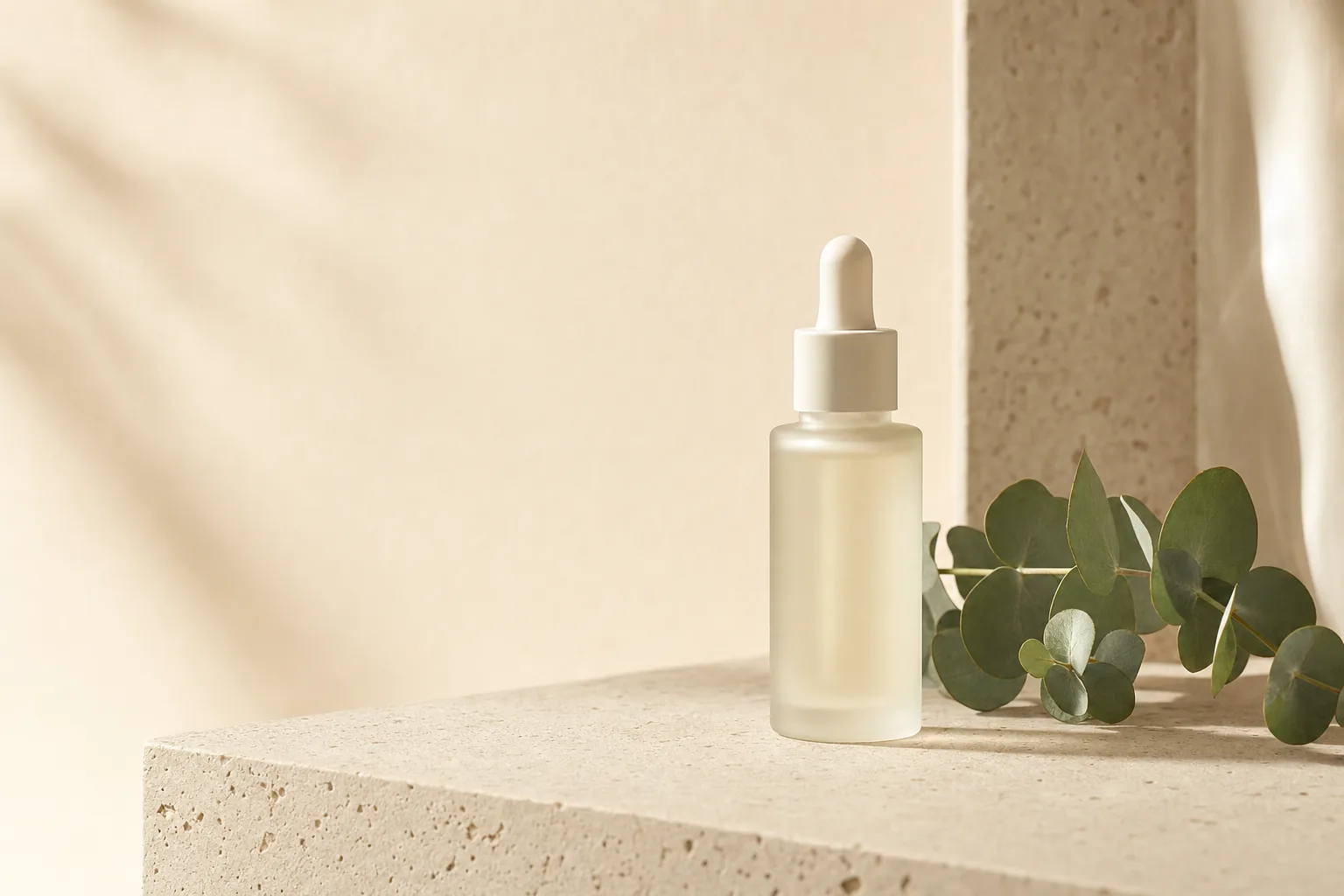 A frosted glass serum bottle on a stone ledge with eucalyptus